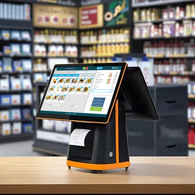 Monitor POS AIO da 15 pollici con doppio schermo touch per operazioni di cassa, perfetto per operazioni di vendita al dettaglio